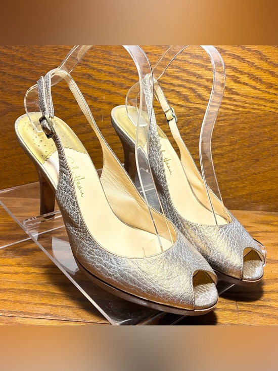 Cole Haan Shoes - Y2K VTG Cole Haan Nike Air Gold Silver Crackled Leather Peep Toe Slingback Heels